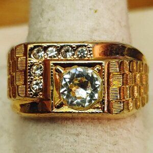 Checkerboard Gold Ring Size10 Mens Vintage Clear Stones Inside Diamond Accent